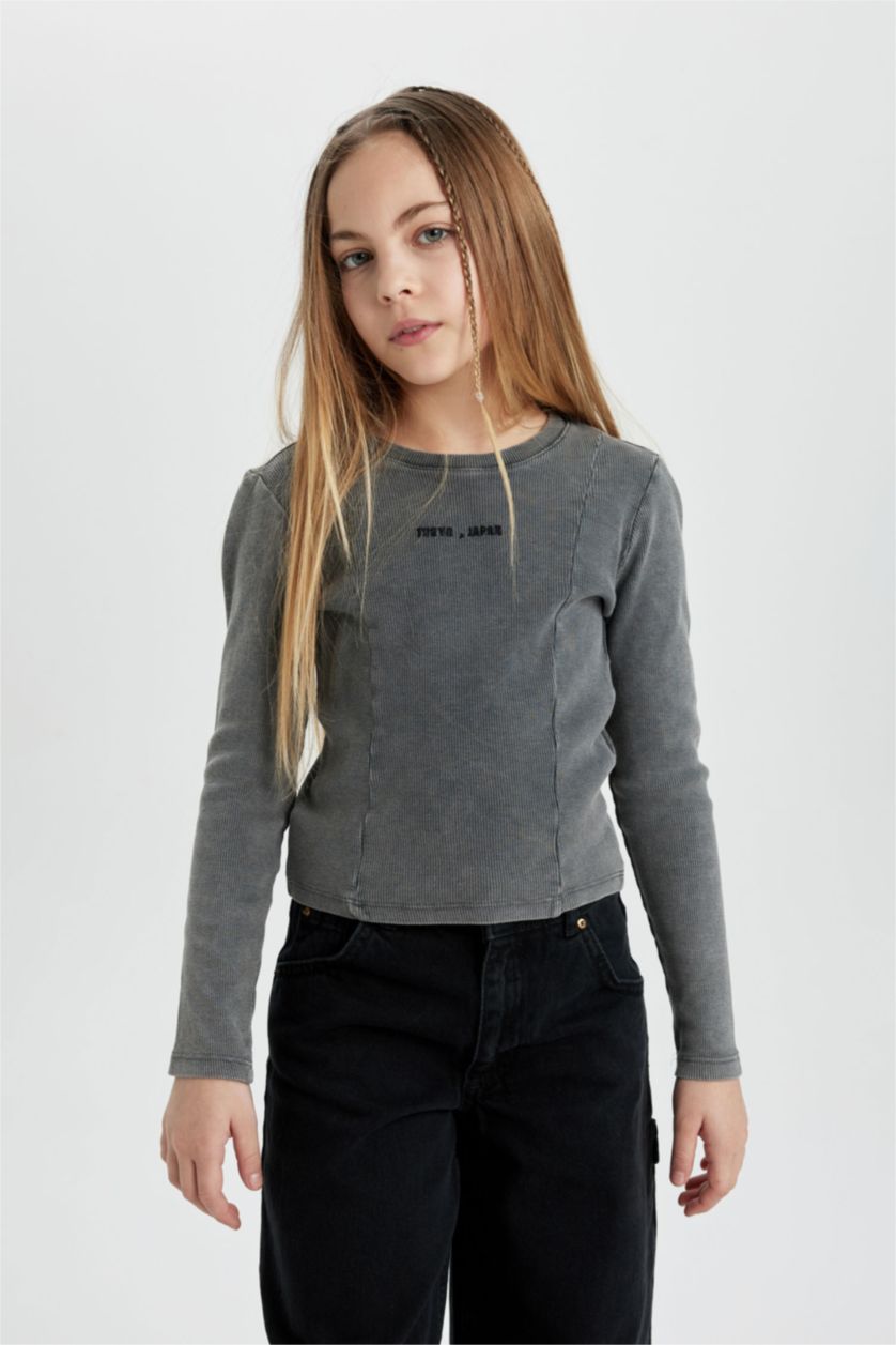 Kız Çocuk - Genç Kız Antrasit Kız Çocuk Bisiklet Yaka Fitilli Kaşkorse Uzun Kollu Tişört