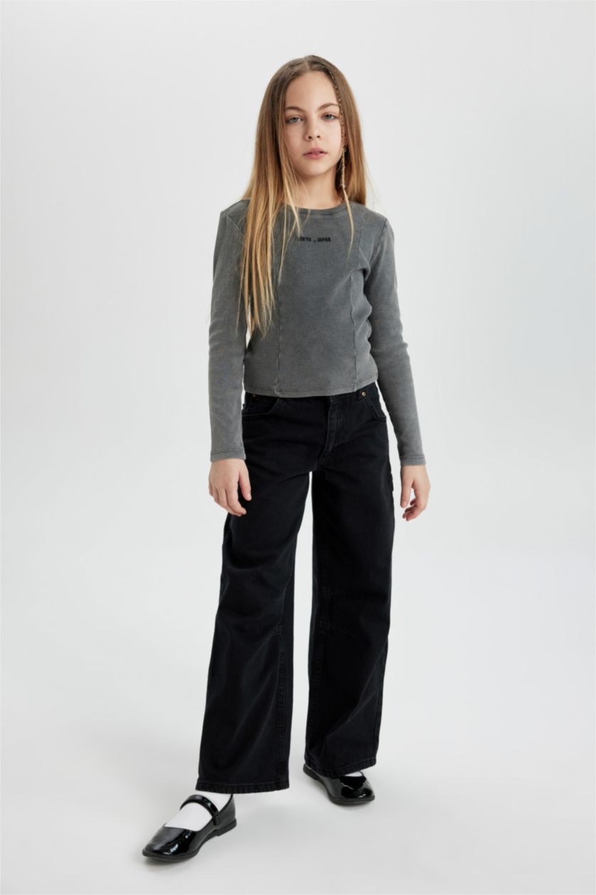 Kız Çocuk - Genç Kız Antrasit Kız Çocuk Bisiklet Yaka Fitilli Kaşkorse Uzun Kollu Tişört