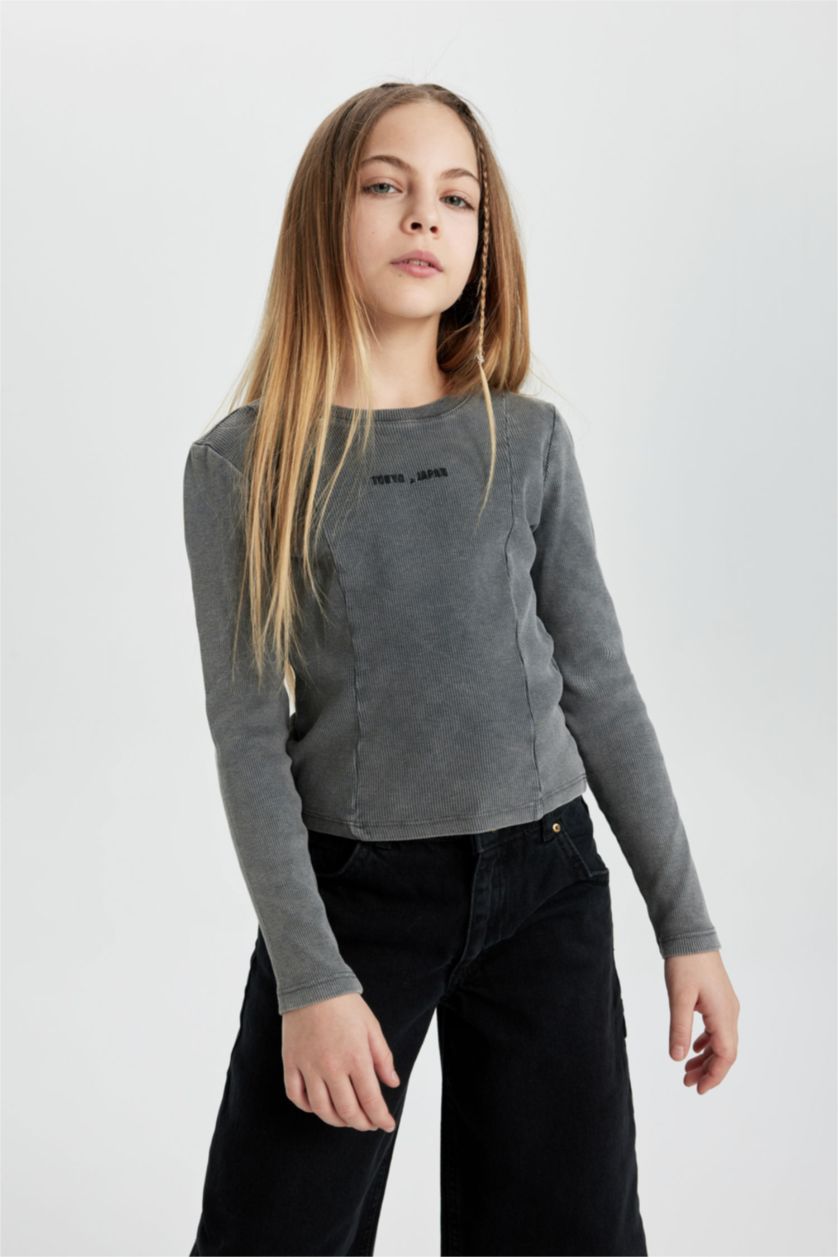 Kız Çocuk - Genç Kız Antrasit Kız Çocuk Bisiklet Yaka Fitilli Kaşkorse Uzun Kollu Tişört