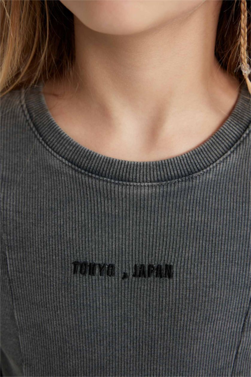 Kız Çocuk - Genç Kız Antrasit Kız Çocuk Bisiklet Yaka Fitilli Kaşkorse Uzun Kollu Tişört