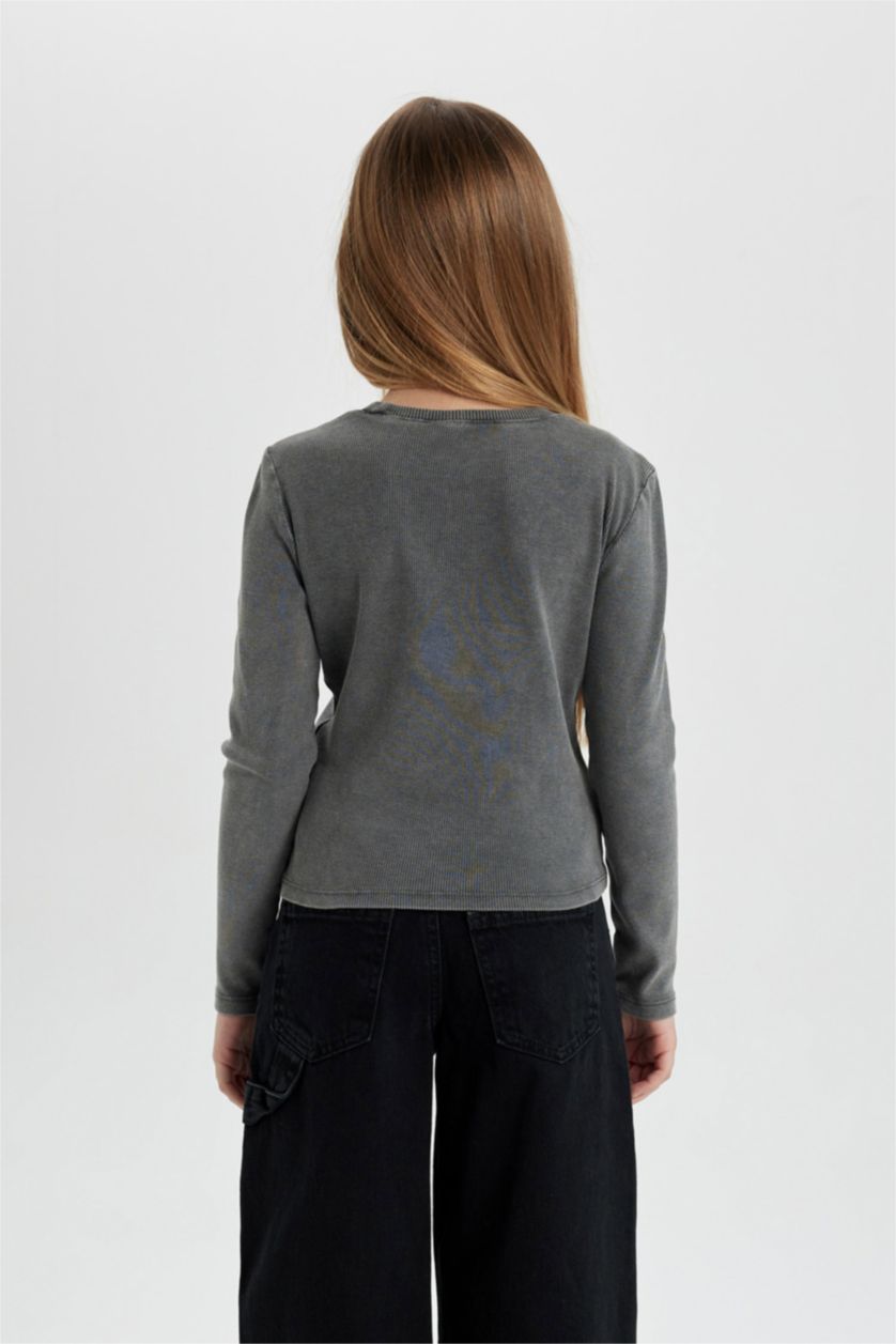 Kız Çocuk - Genç Kız Antrasit Kız Çocuk Bisiklet Yaka Fitilli Kaşkorse Uzun Kollu Tişört