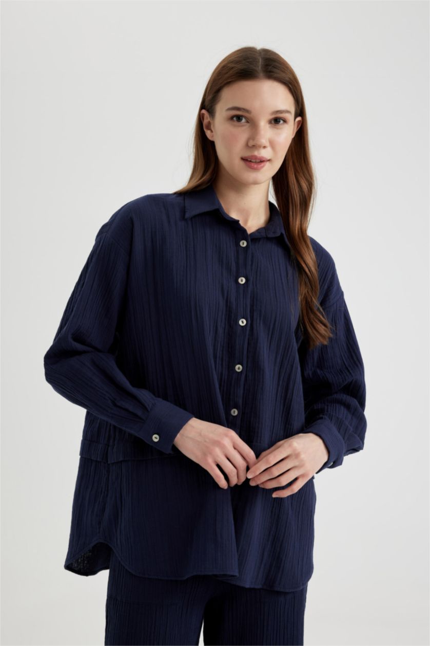 Kadın Lacivert Relax Fit Müslin Uzun Kollu Gömlek Tunik