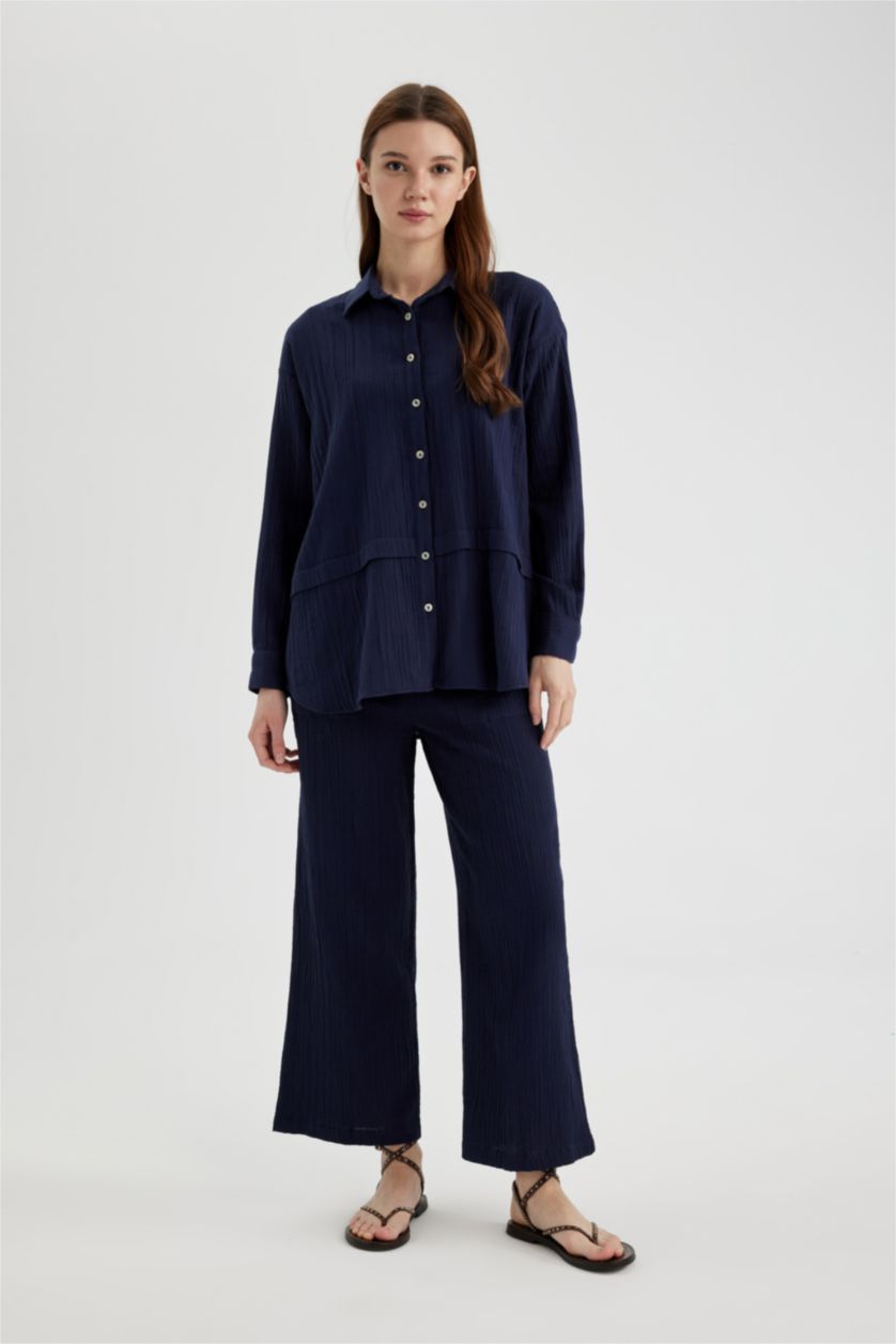 Kadın Lacivert Relax Fit Müslin Uzun Kollu Gömlek Tunik
