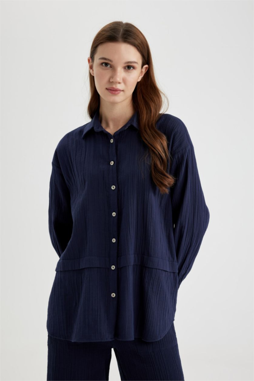Kadın Lacivert Relax Fit Müslin Uzun Kollu Gömlek Tunik