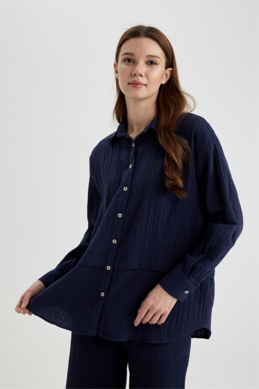 Kadın Lacivert Relax Fit Müslin Uzun Kollu Gömlek Tunik
