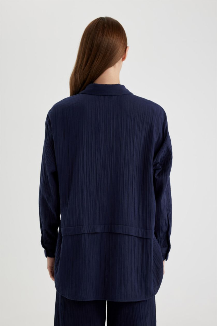 Kadın Lacivert Relax Fit Müslin Uzun Kollu Gömlek Tunik