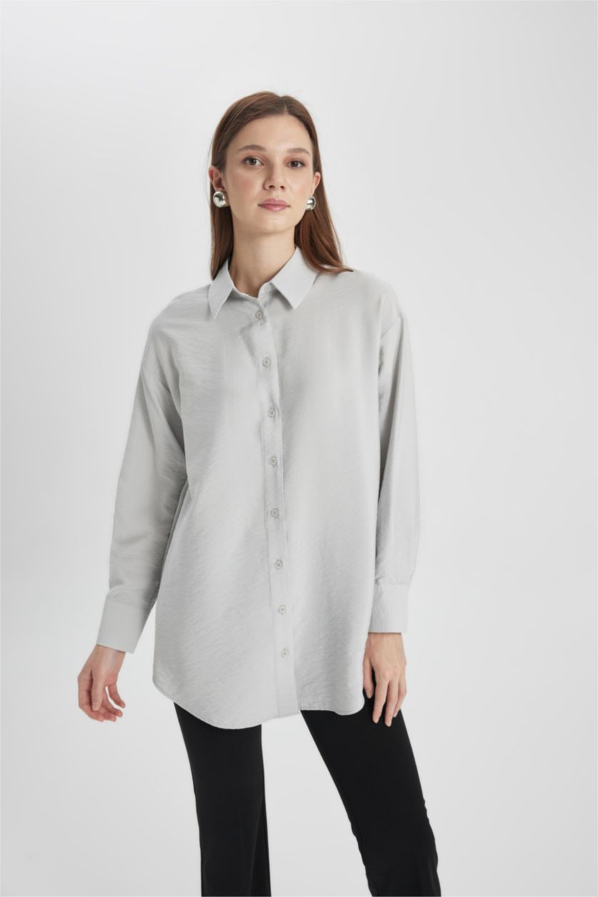 WOMAN Light Grey Relax Fit Basic Long Sleeve Shirt Tunic