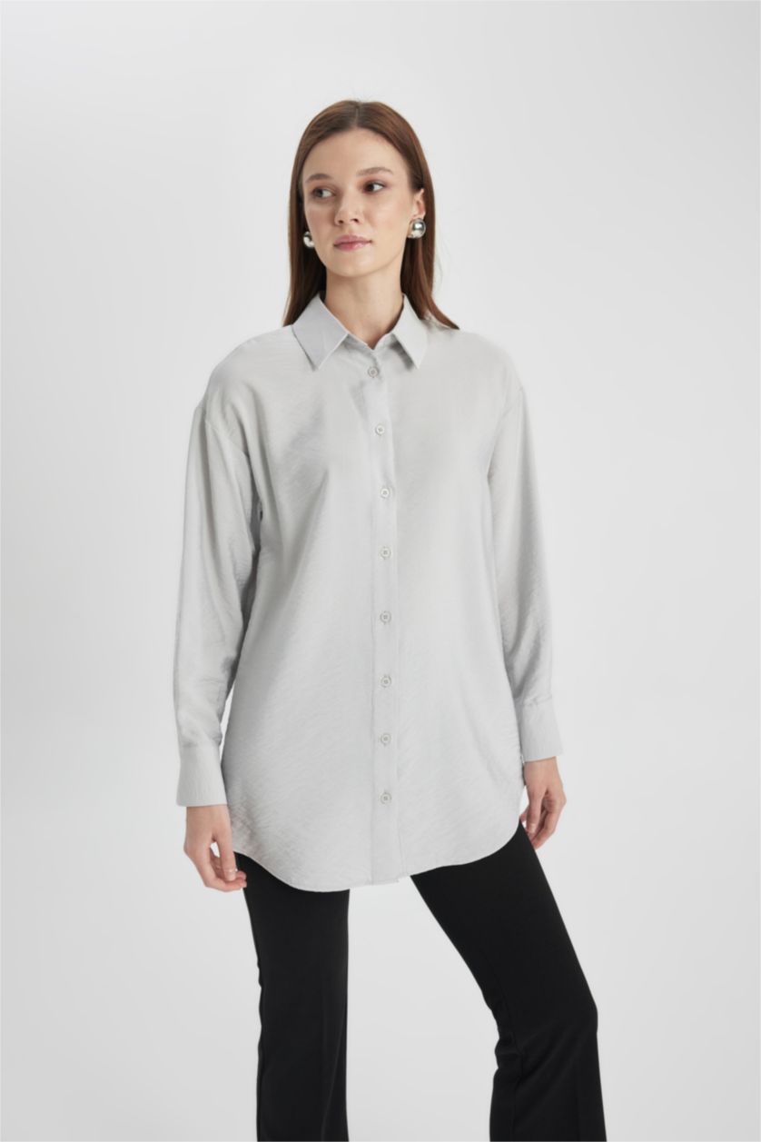 WOMAN Light Grey Relax Fit Basic Long Sleeve Shirt Tunic