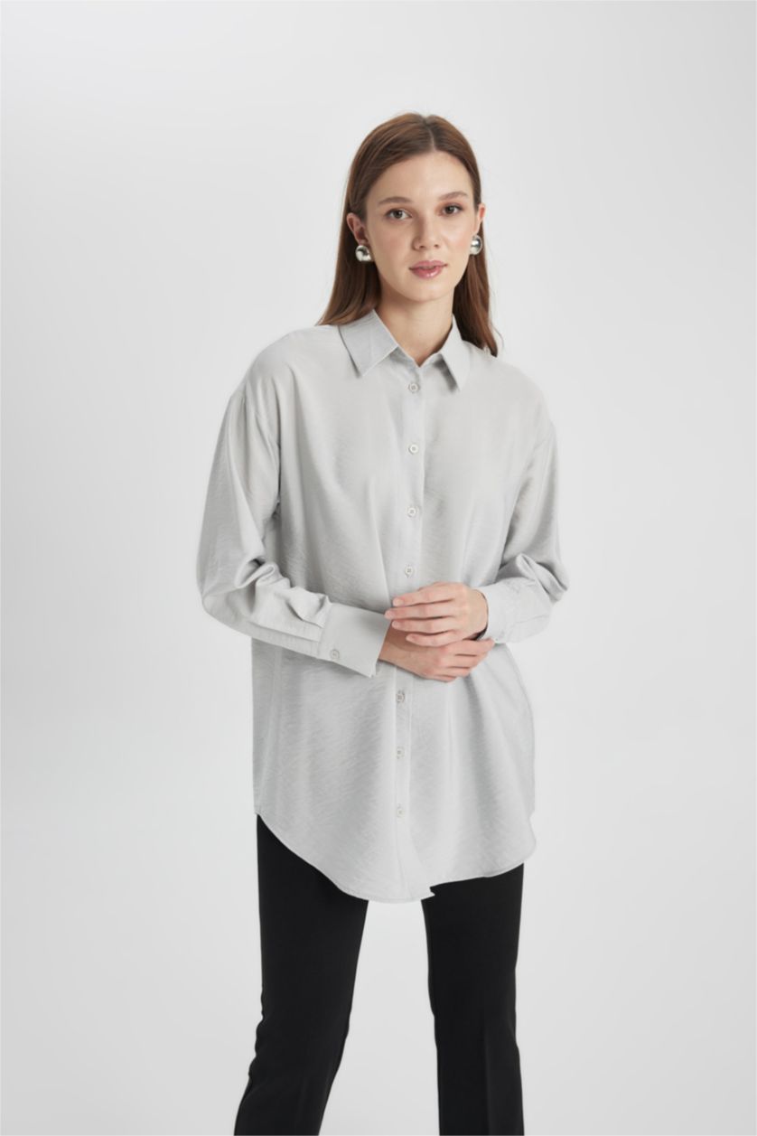 WOMAN Light Grey Relax Fit Basic Long Sleeve Shirt Tunic