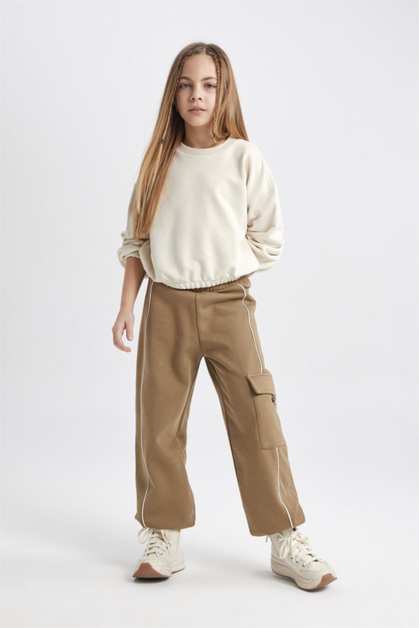 GIRLS & TEENS Dark Beige Girl Loose Fit Thick Cargo Pocket Sweatpants