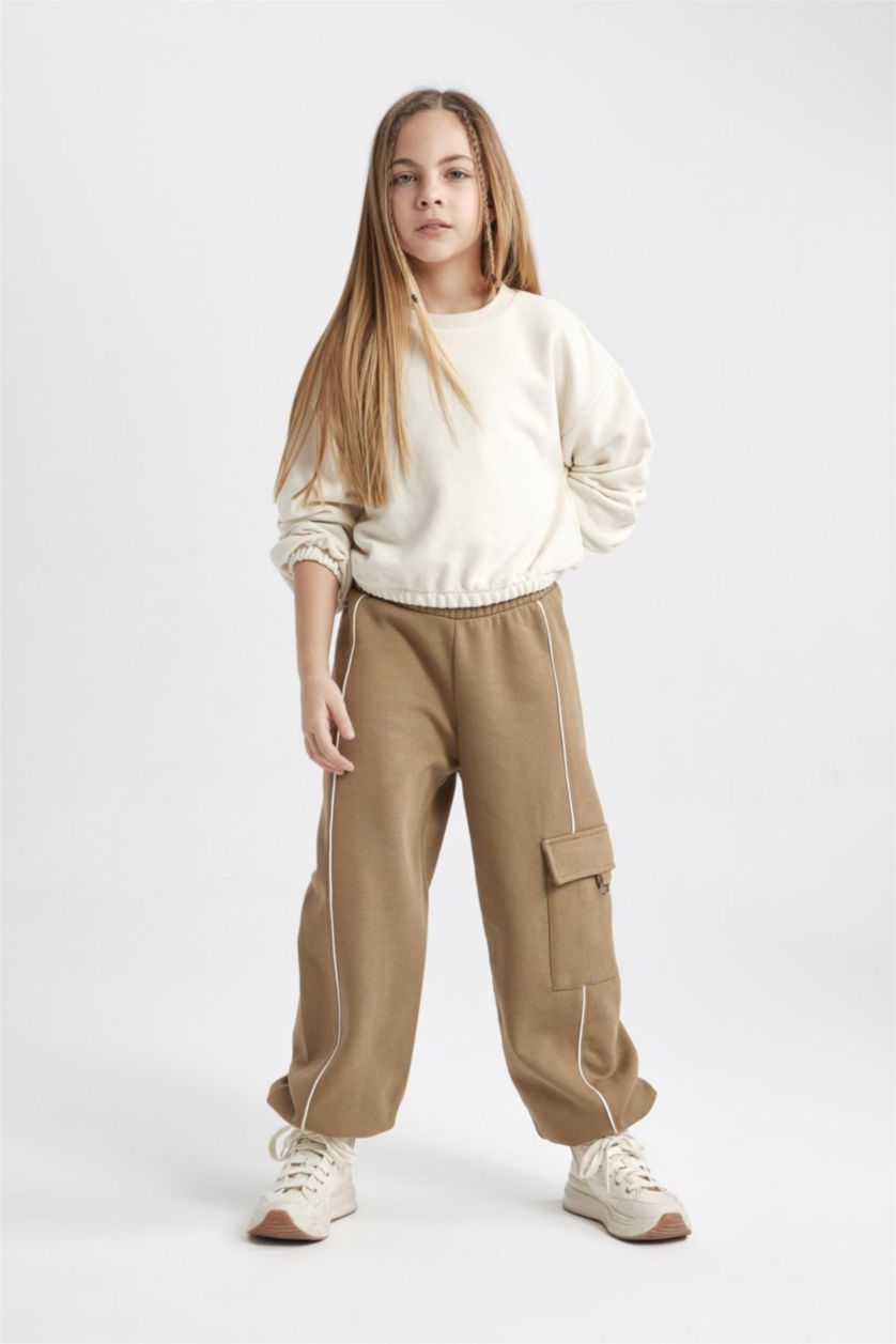 GIRLS & TEENS Dark Beige Girl Loose Fit Thick Cargo Pocket Sweatpants