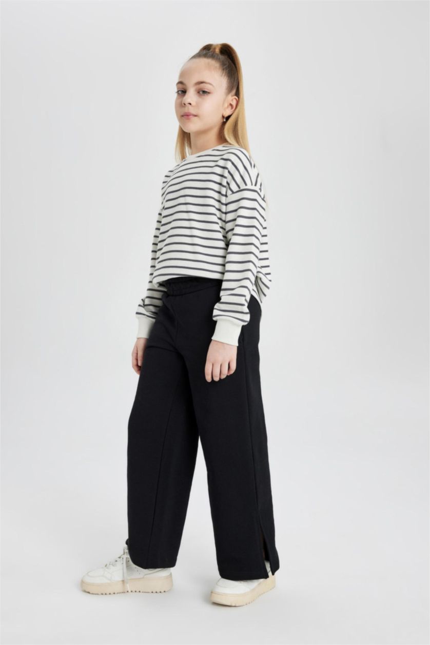 FILLES Noir Pantalon Large à Fente Latérale pour Fille