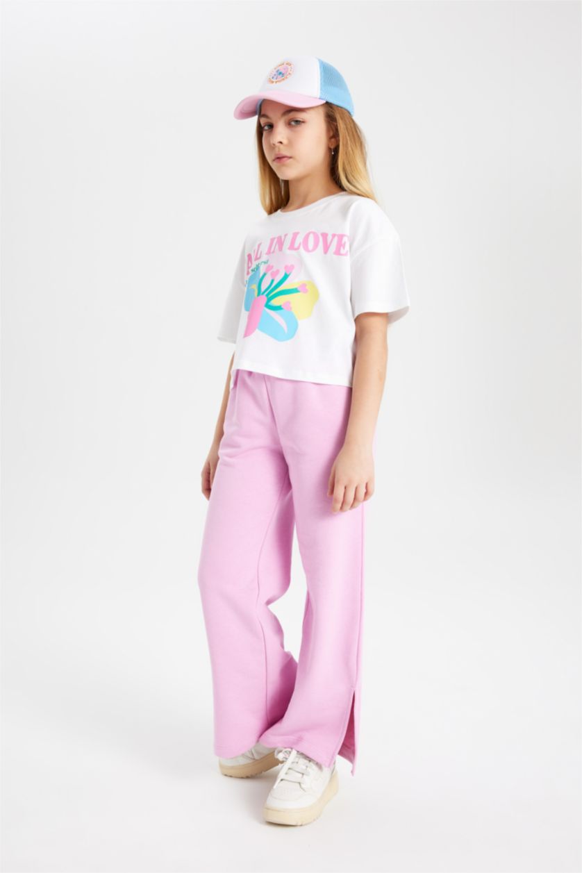 بنات زهري بنطلون بناتي وايد ليج برجل واسع وفتحة