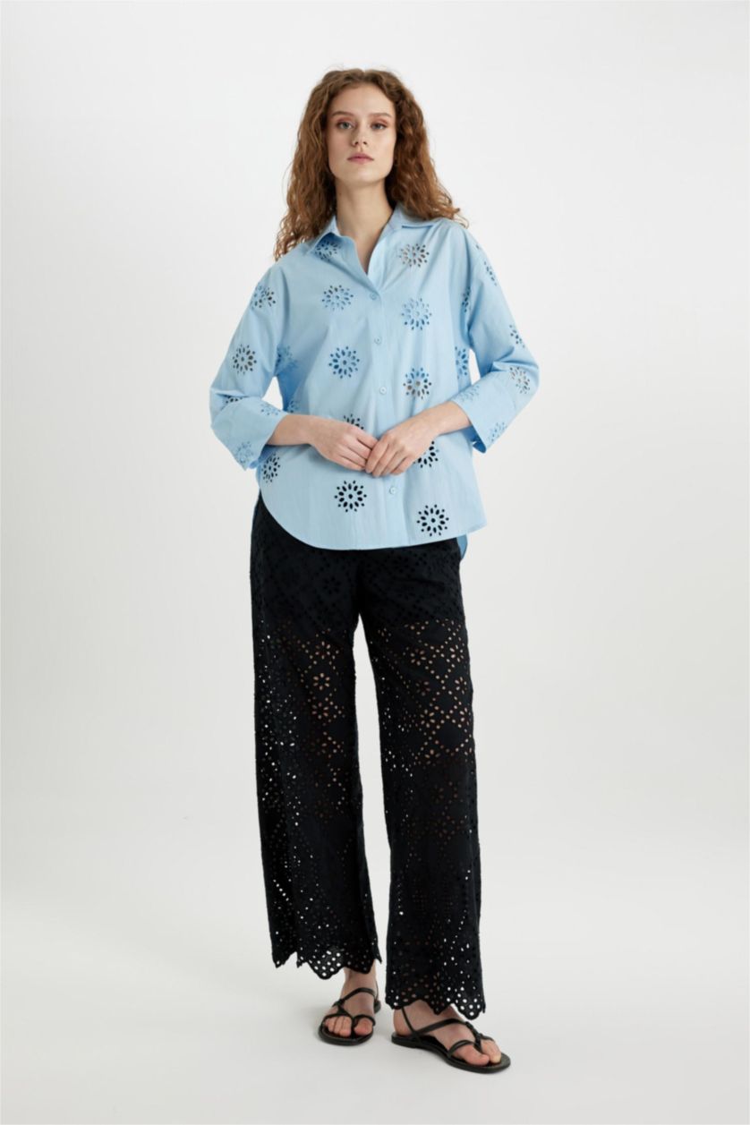 نساء أسود بنطرون مطرز برجل واسع وايد ليج بخصر عالي بجيب