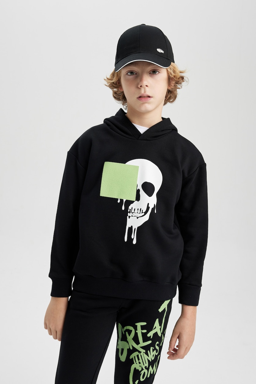 Erkek Çocuk - Genç Erkek Siyah Erkek Çocuk Oversize Geniş Kalıp Kapüşonlu Baskılı Sweatshirt