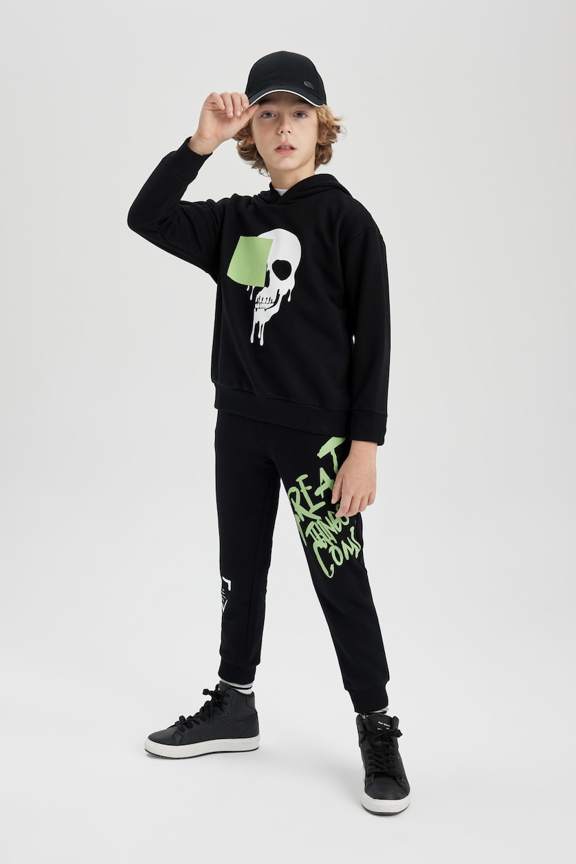 Erkek Çocuk - Genç Erkek Siyah Erkek Çocuk Oversize Geniş Kalıp Kapüşonlu Baskılı Sweatshirt