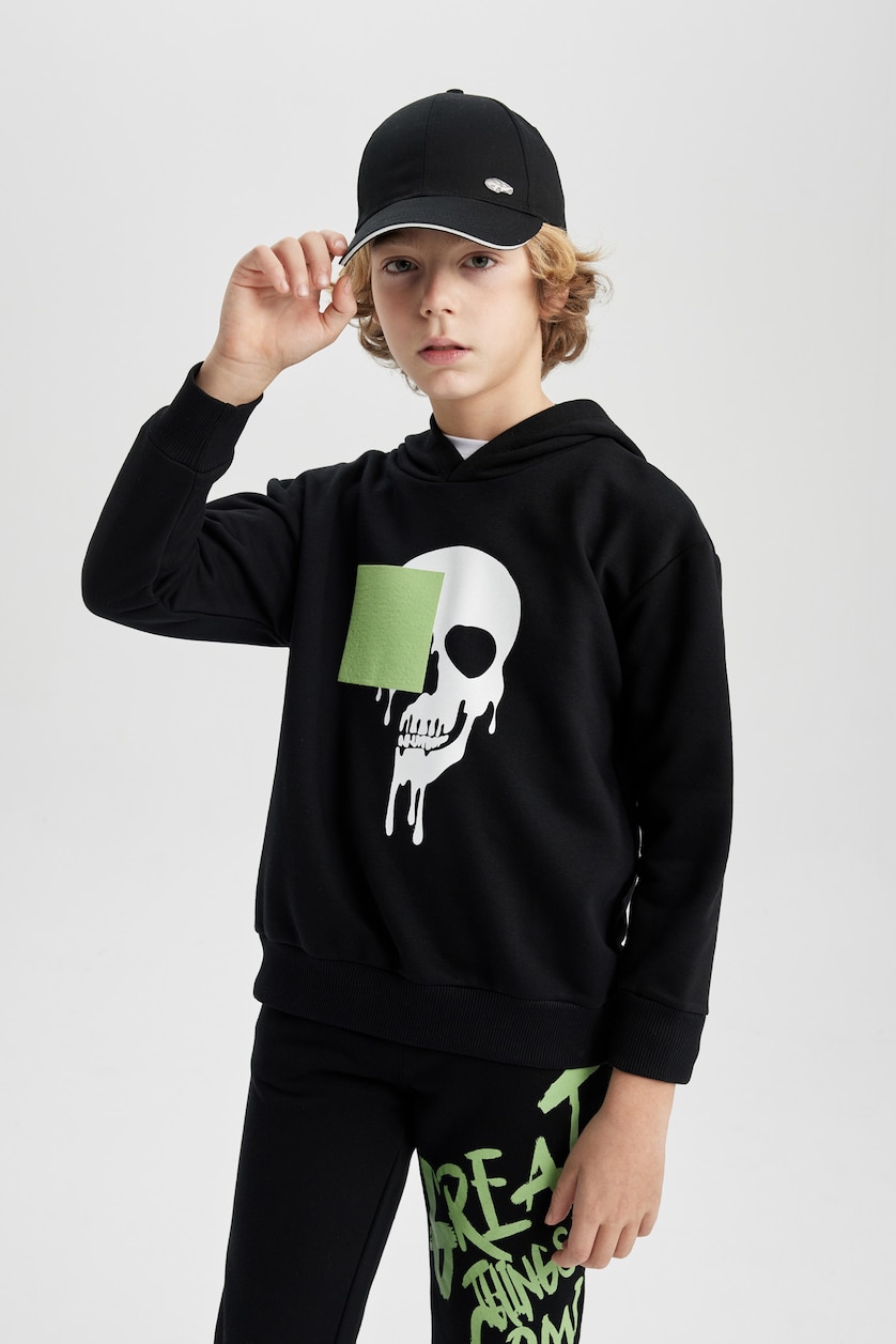 Erkek Çocuk - Genç Erkek Siyah Erkek Çocuk Oversize Geniş Kalıp Kapüşonlu Baskılı Sweatshirt