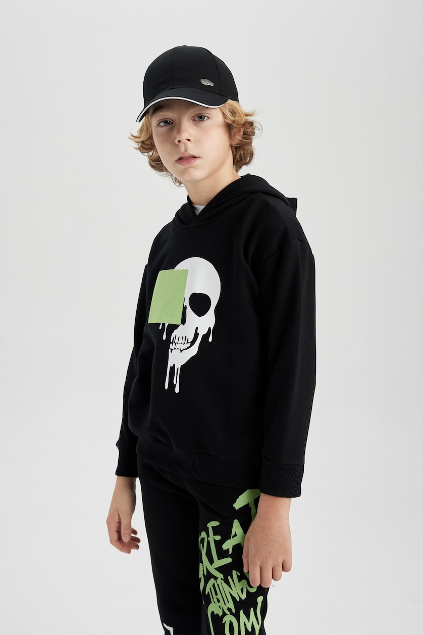 Erkek Çocuk - Genç Erkek Siyah Erkek Çocuk Oversize Geniş Kalıp Kapüşonlu Baskılı Sweatshirt