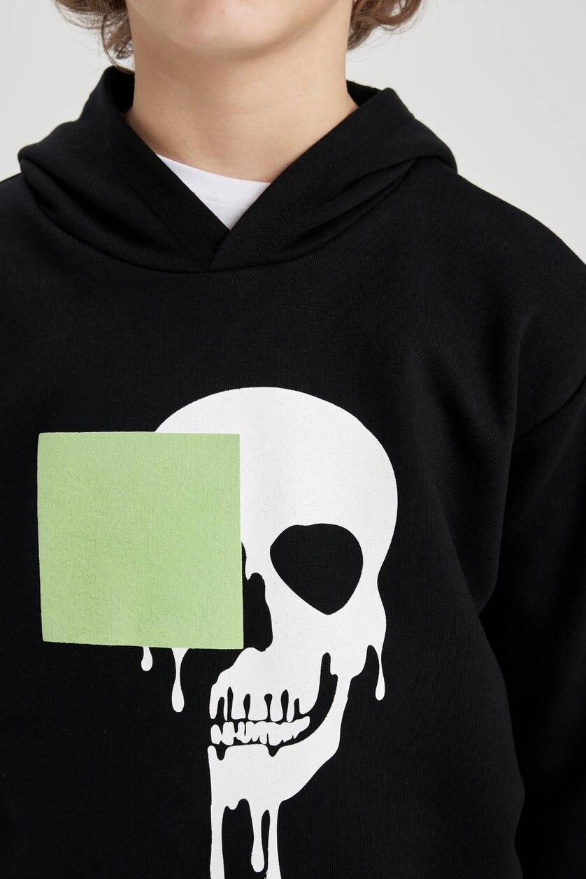 Erkek Çocuk - Genç Erkek Siyah Erkek Çocuk Oversize Geniş Kalıp Kapüşonlu Baskılı Sweatshirt