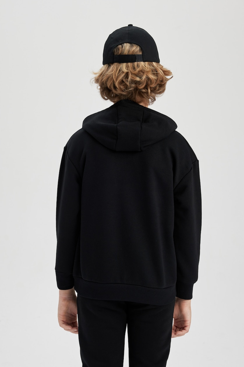 Erkek Çocuk - Genç Erkek Siyah Erkek Çocuk Oversize Geniş Kalıp Kapüşonlu Baskılı Sweatshirt