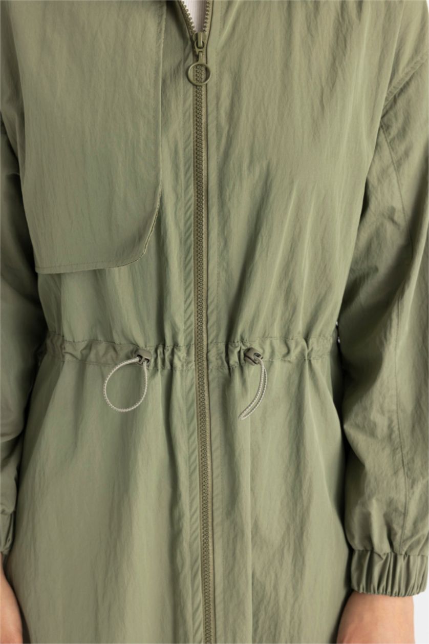 FEMME Kaki Robe Tissée à Manches Longues Col de Chemise