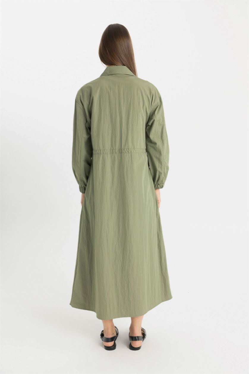 FEMME Kaki Robe Tissée à Manches Longues Col de Chemise