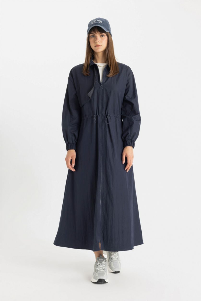 WOMAN NAVY Shirt Collar Parachute Long Sleeve Dress