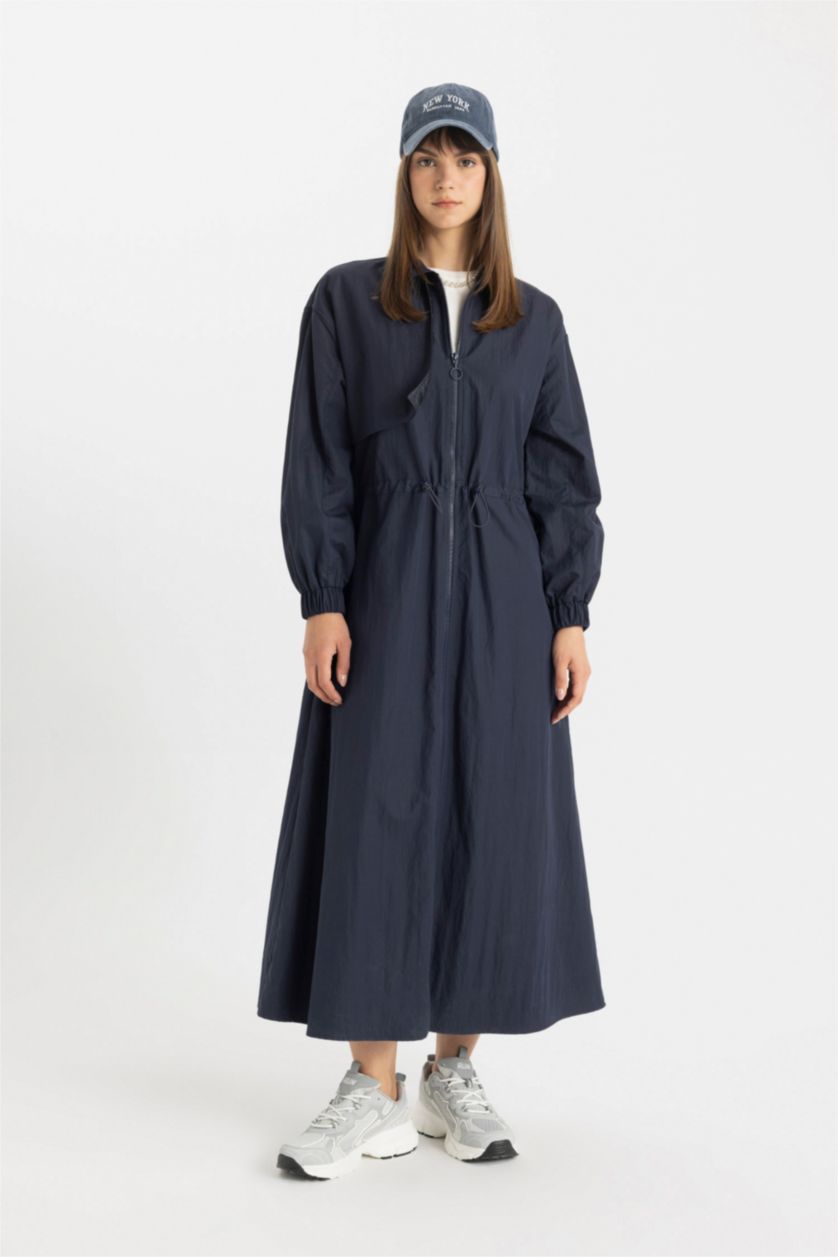 WOMAN NAVY Shirt Collar Parachute Long Sleeve Dress