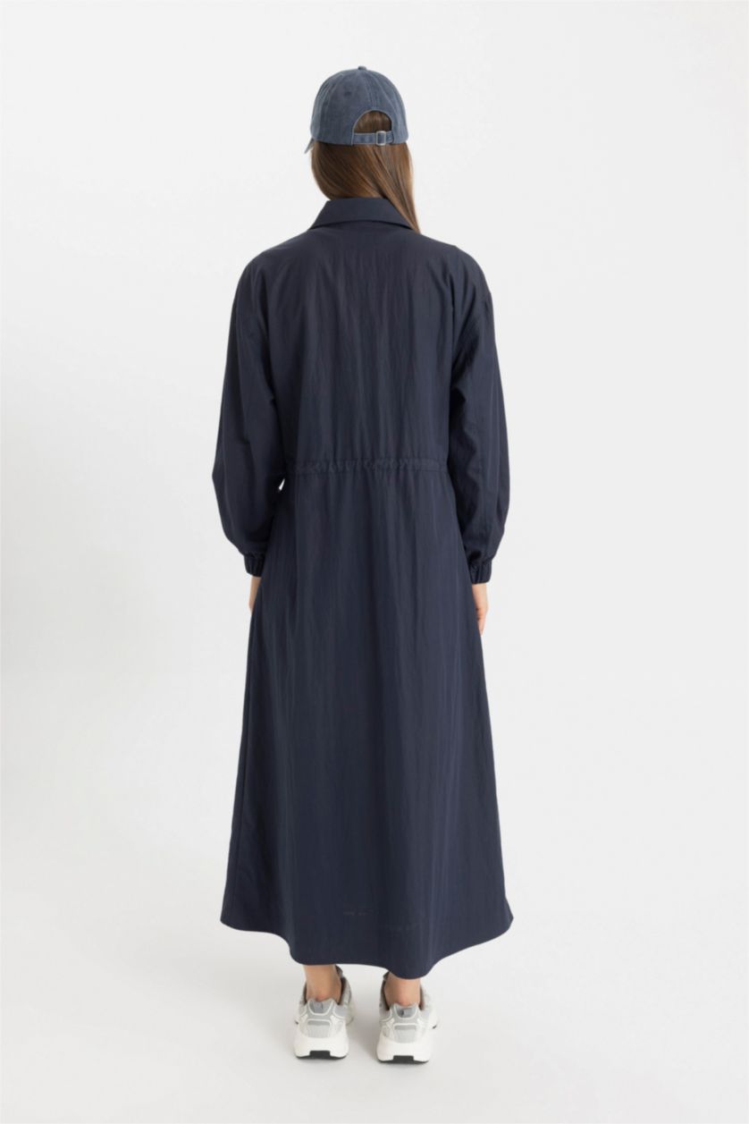 WOMAN NAVY Shirt Collar Parachute Long Sleeve Dress