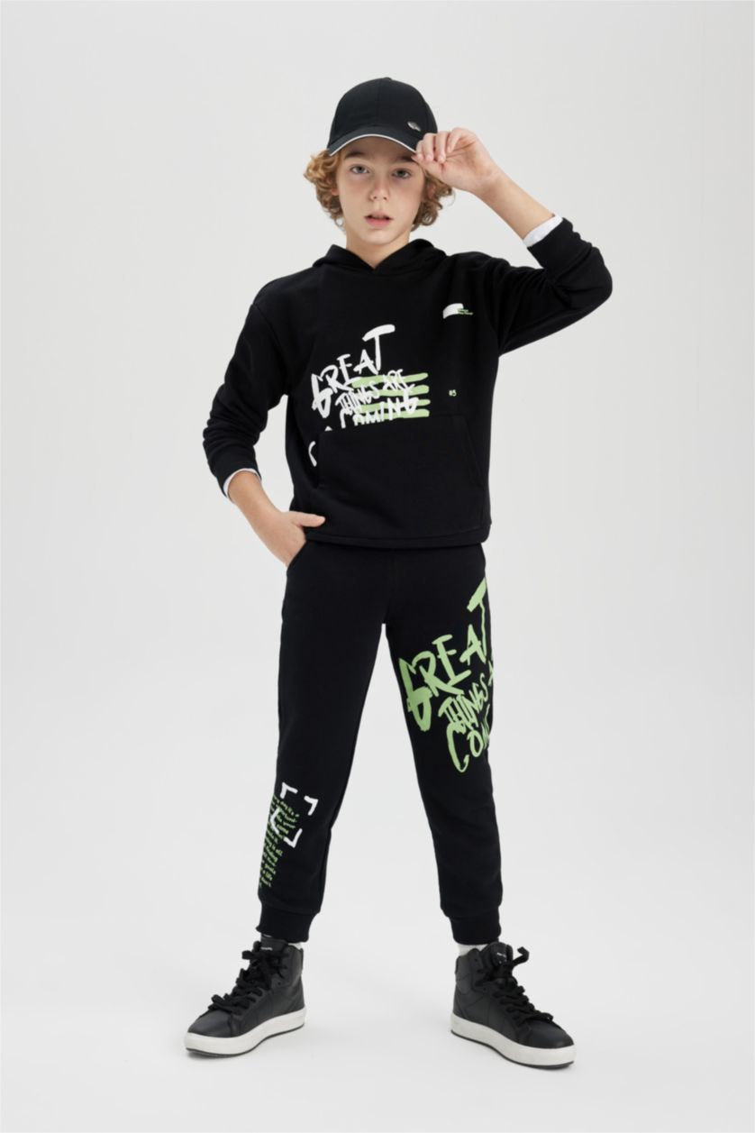 أولاد أسود بنطلون بجامة رياضي قماش سميك قصة عادية