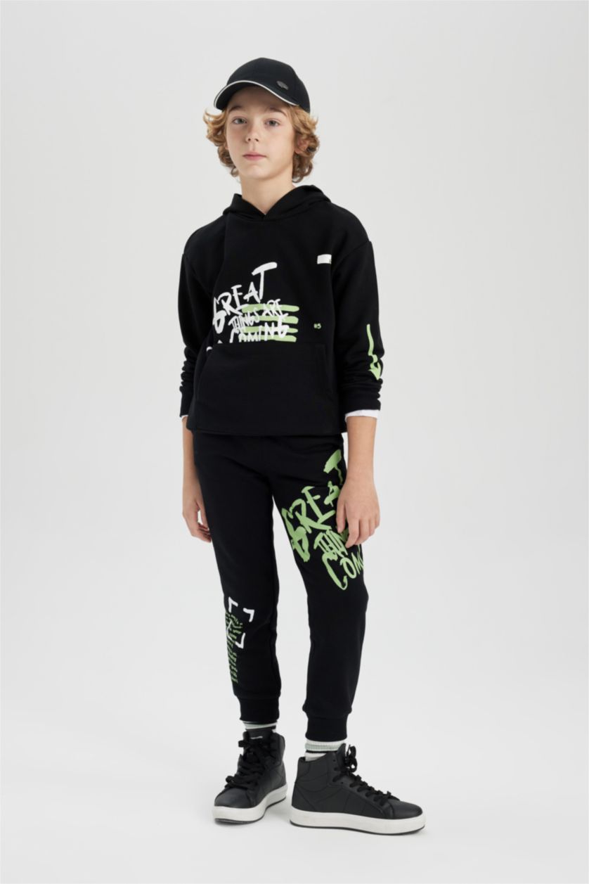 أولاد أسود بنطلون بجامة رياضي قماش سميك قصة عادية