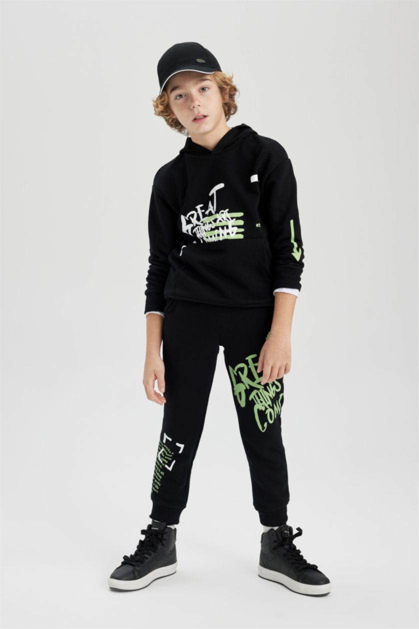 أولاد أسود بنطلون بجامة رياضي قماش سميك قصة عادية