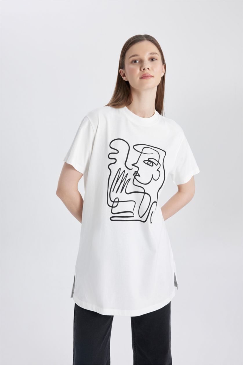 FEMME Écru Tunique coupe régulière Coton épais imprimé Col Rond à Manches Courtes