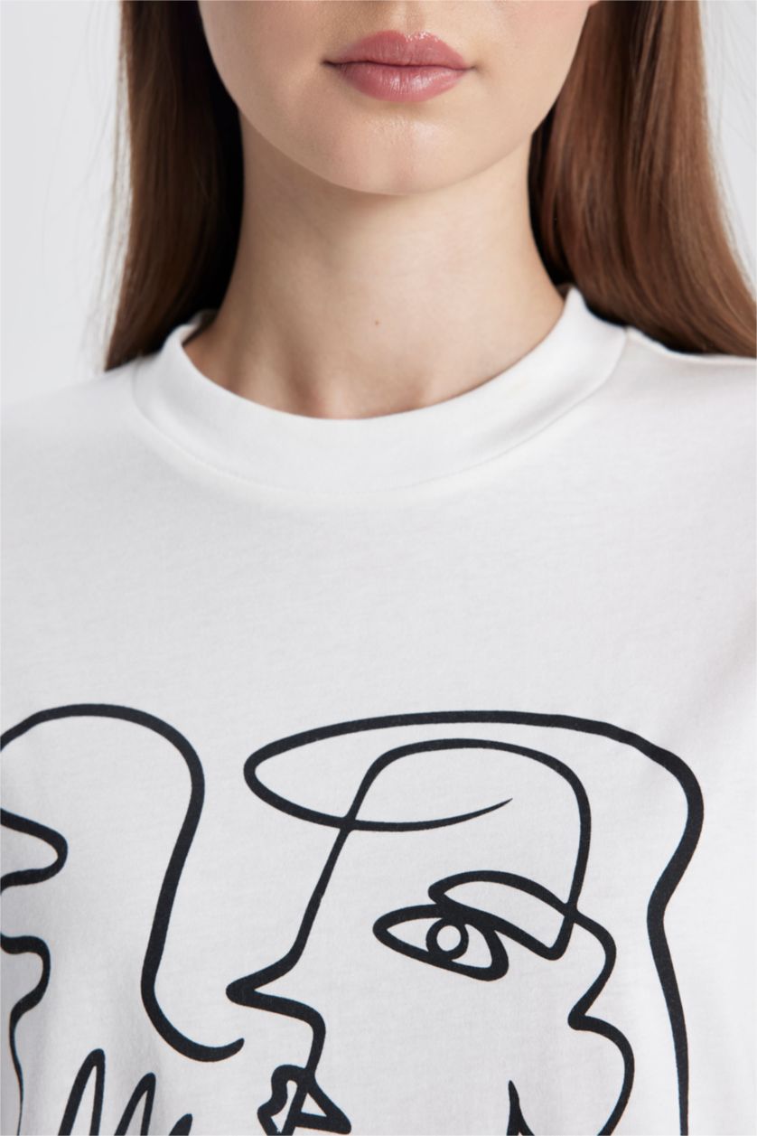 FEMME Écru Tunique coupe régulière Coton épais imprimé Col Rond à Manches Courtes