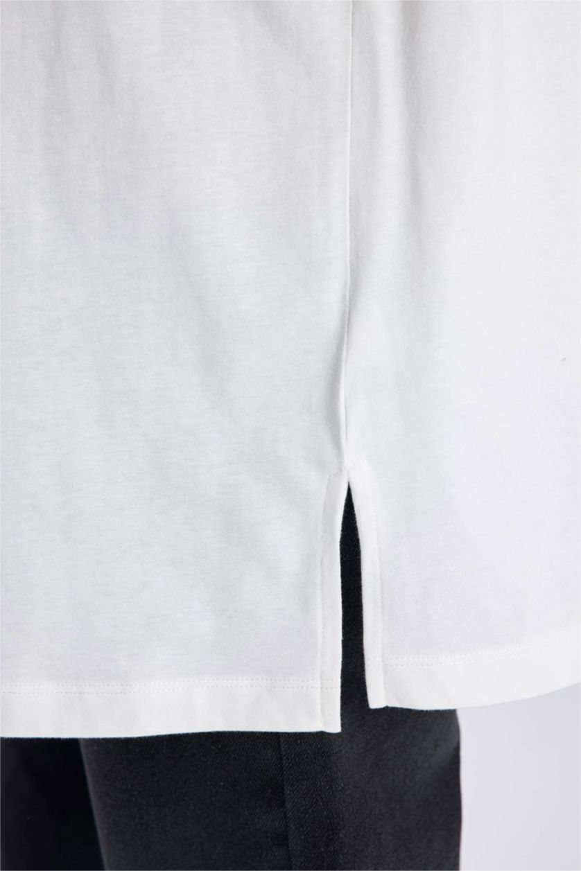 FEMME Écru Tunique coupe régulière Coton épais imprimé Col Rond à Manches Courtes