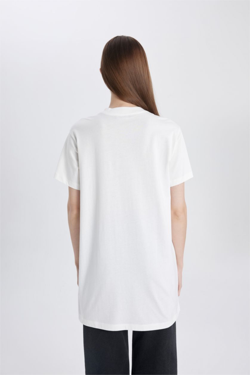 FEMME Écru Tunique coupe régulière Coton épais imprimé Col Rond à Manches Courtes