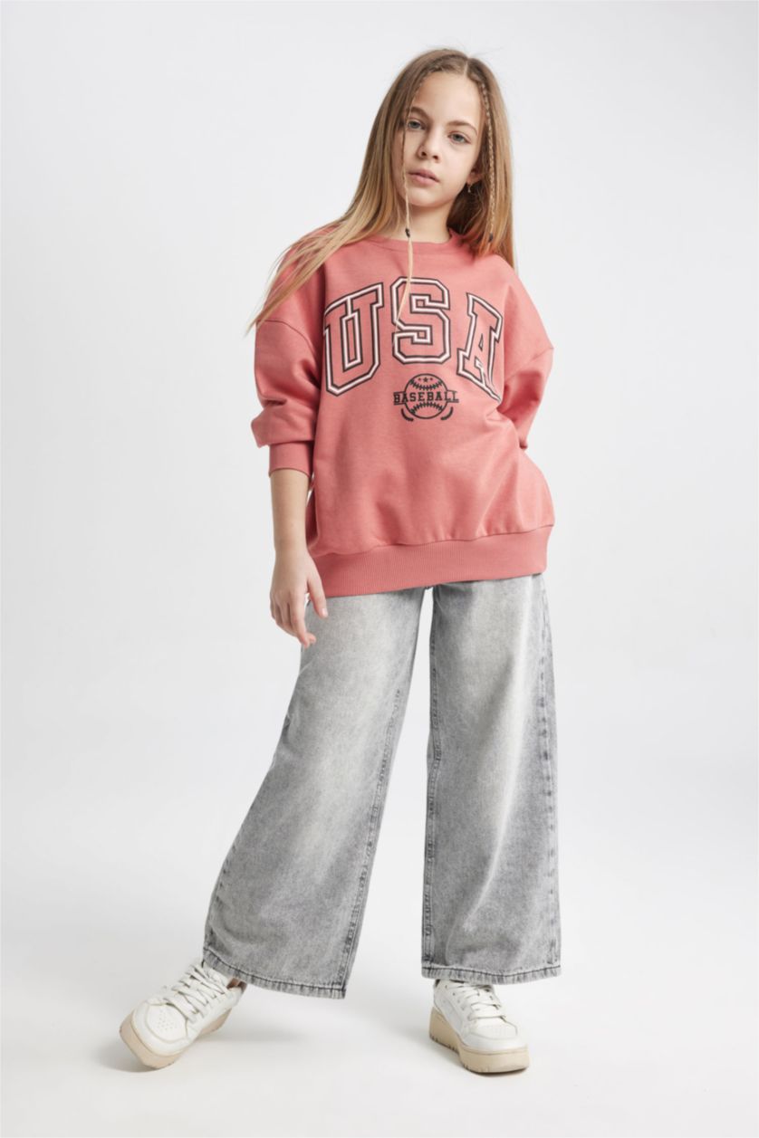 بنات رمادي فاتح بنطلون بناتي وايد ليج برجل واسع بجيب