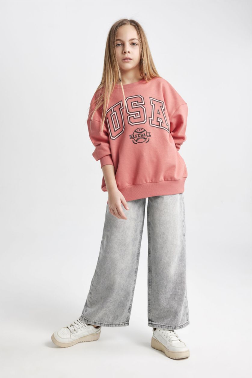 بنات رمادي فاتح بنطلون بناتي وايد ليج برجل واسع بجيب