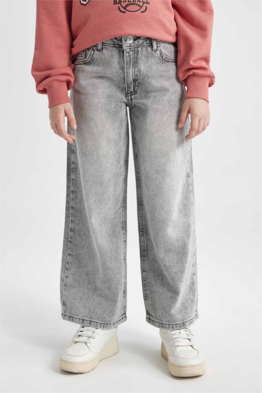 بنات رمادي فاتح بنطلون بناتي وايد ليج برجل واسع بجيب