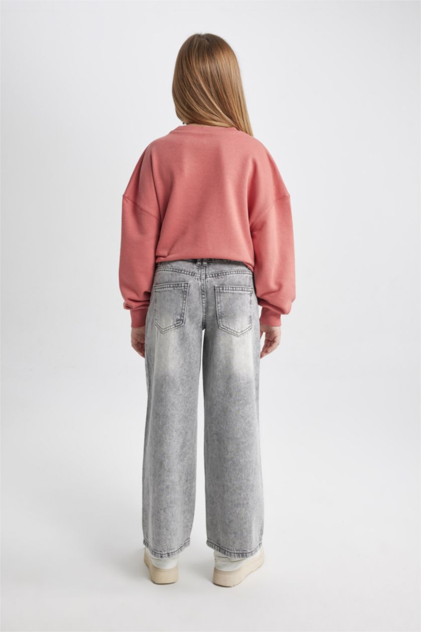 بنات رمادي فاتح بنطلون بناتي وايد ليج برجل واسع بجيب