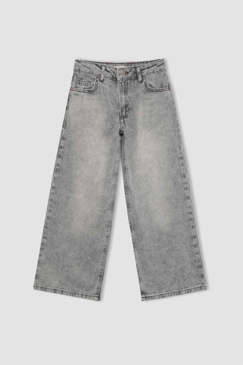 بنات رمادي فاتح بنطلون بناتي وايد ليج برجل واسع بجيب