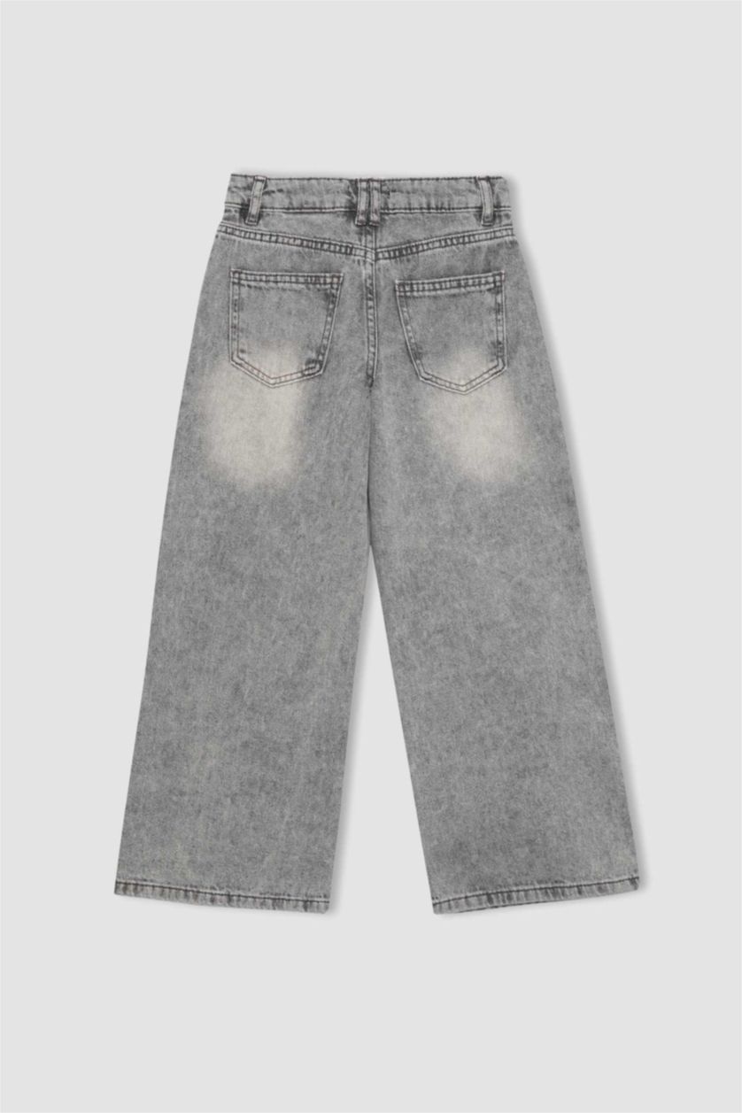 بنات رمادي فاتح بنطلون بناتي وايد ليج برجل واسع بجيب