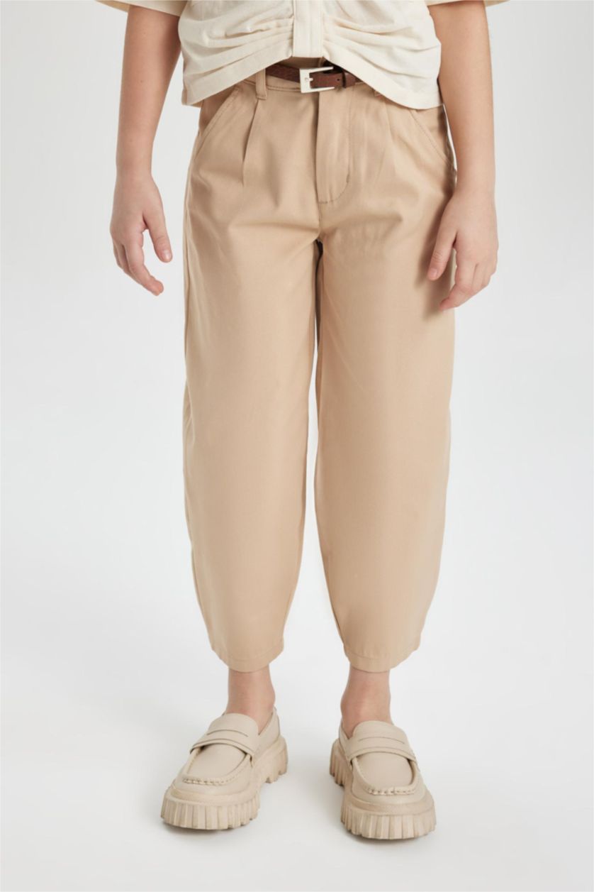 Kız Çocuk - Genç Kız Açık Vizon Kız Çocuk Barrel Fit Geniş Paça Pamuklu Kemerli Pantolon