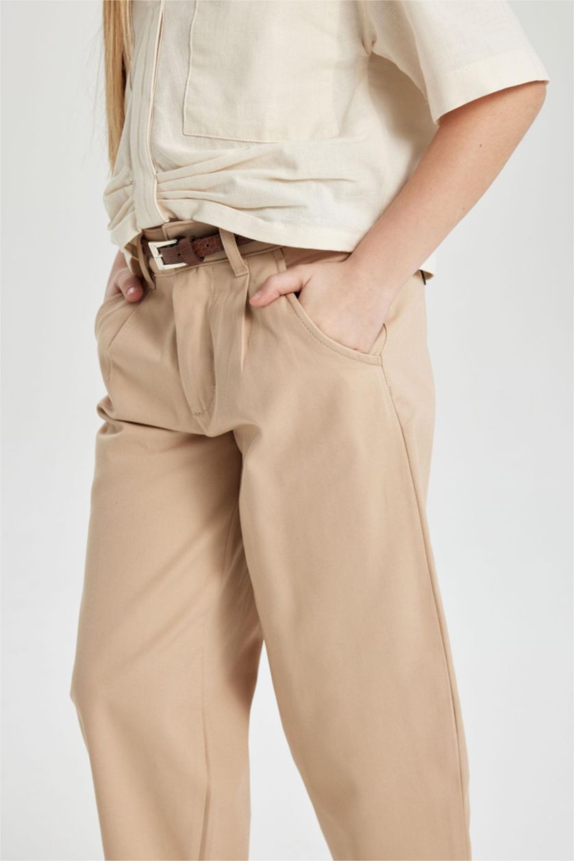 Kız Çocuk - Genç Kız Açık Vizon Kız Çocuk Barrel Fit Geniş Paça Pamuklu Kemerli Pantolon