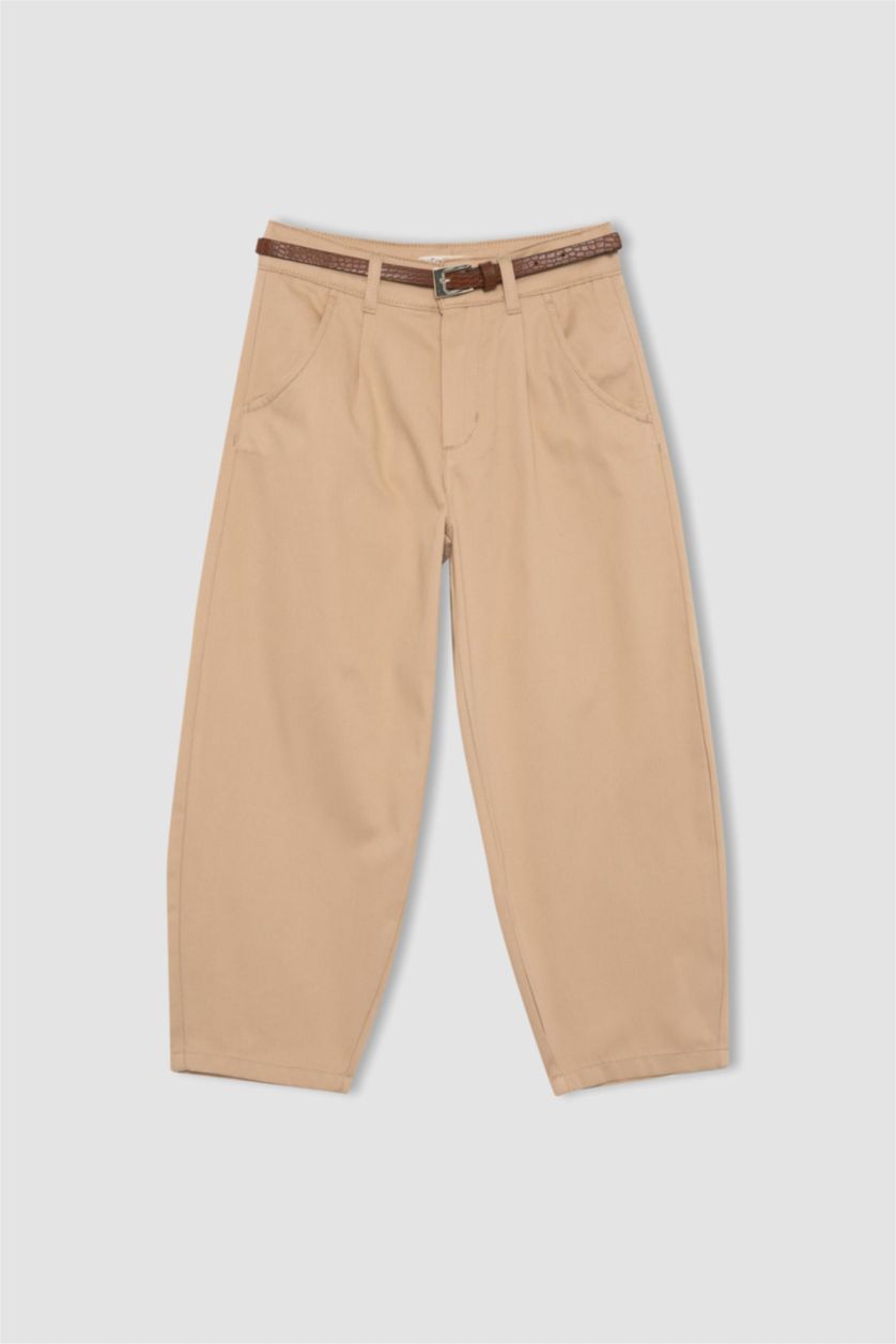 Kız Çocuk - Genç Kız Açık Vizon Kız Çocuk Barrel Fit Geniş Paça Pamuklu Kemerli Pantolon