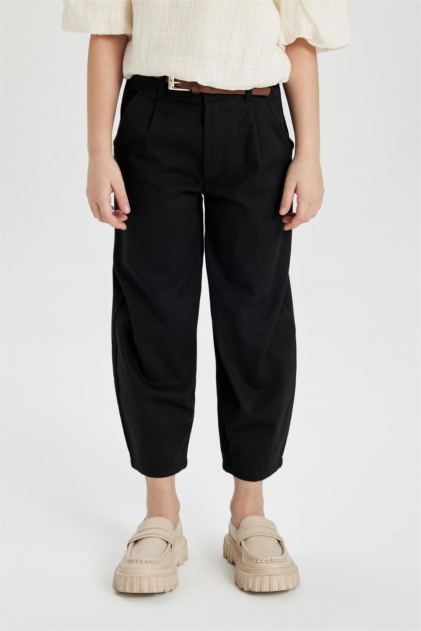 GIRLS & TEENS Black Girl Barrel Fit Wide Leg Cotton Belted Trousers