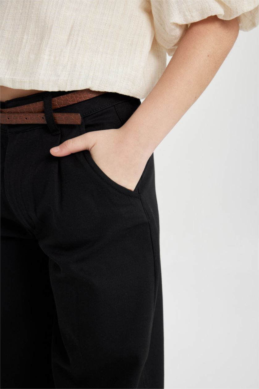GIRLS & TEENS Black Girl Barrel Fit Wide Leg Cotton Belted Trousers
