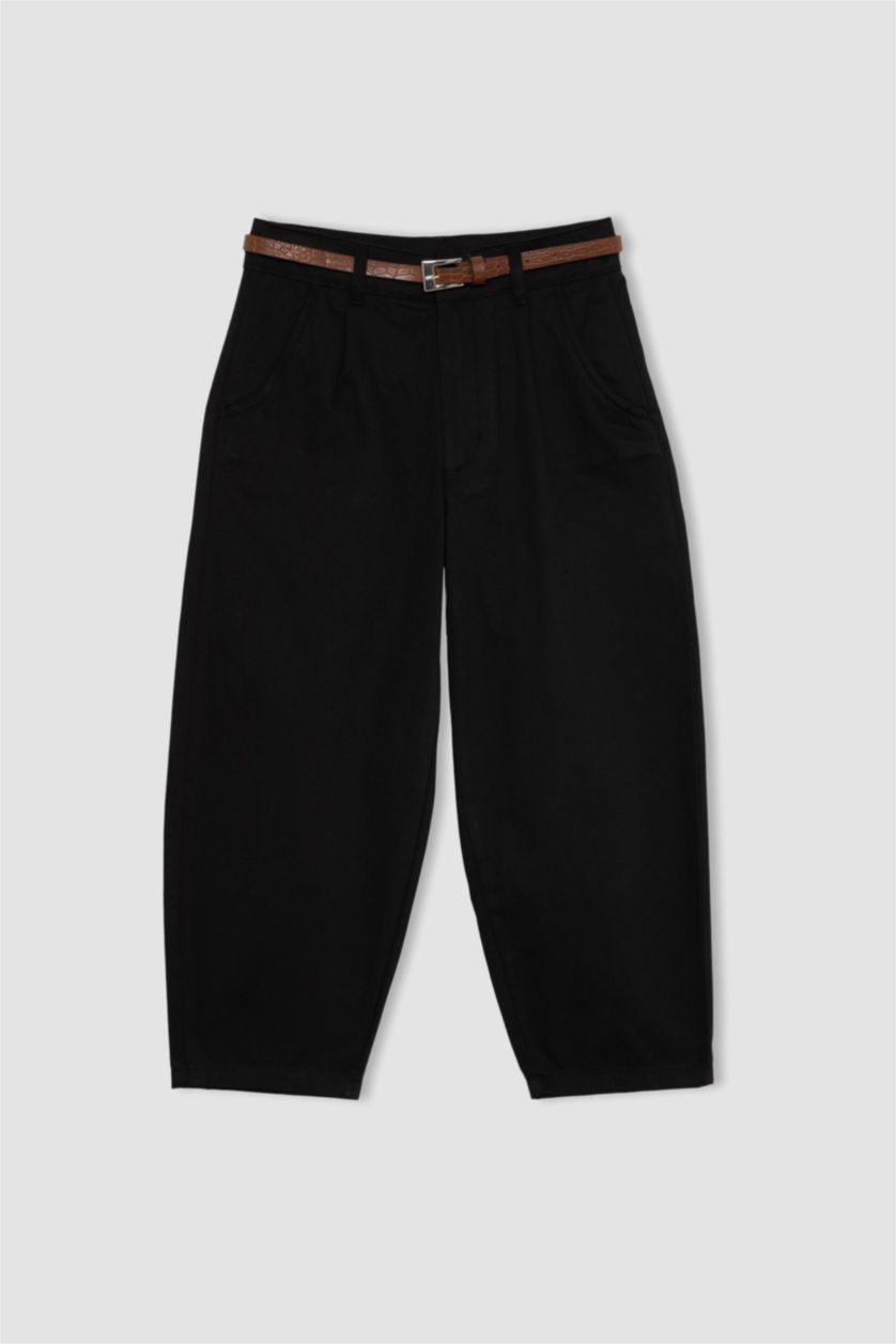 GIRLS & TEENS Black Girl Barrel Fit Wide Leg Cotton Belted Trousers