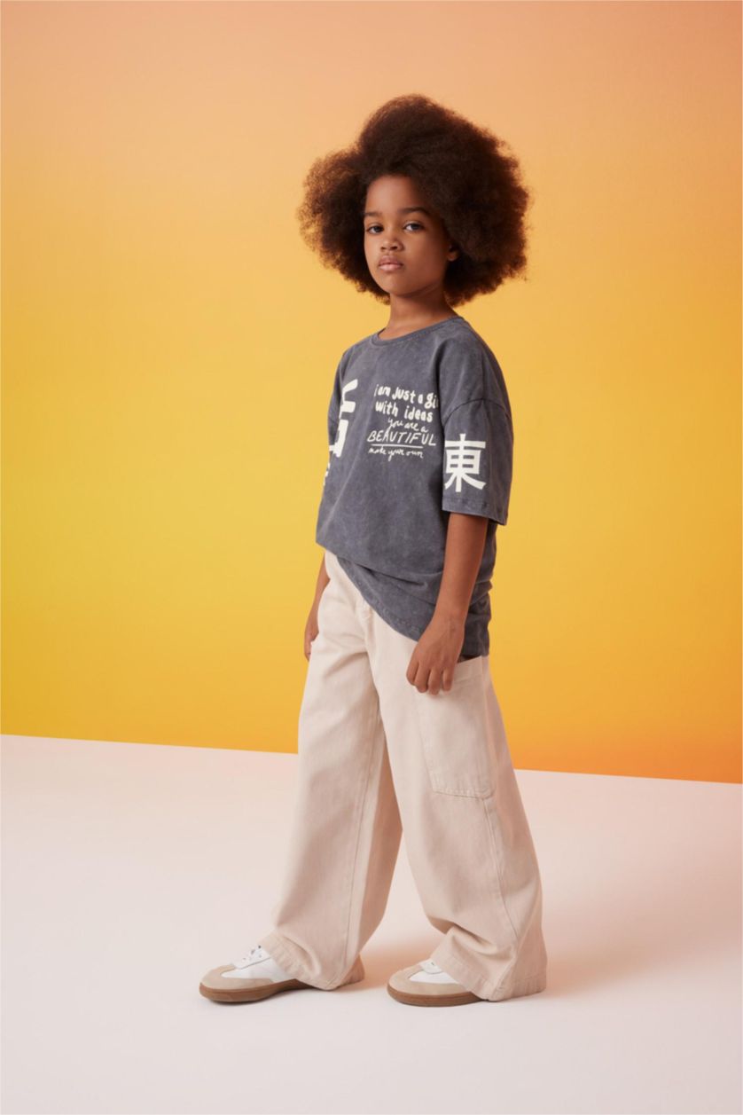 Girls & Teens Beige Girl Wide Leg Cargo Jeans