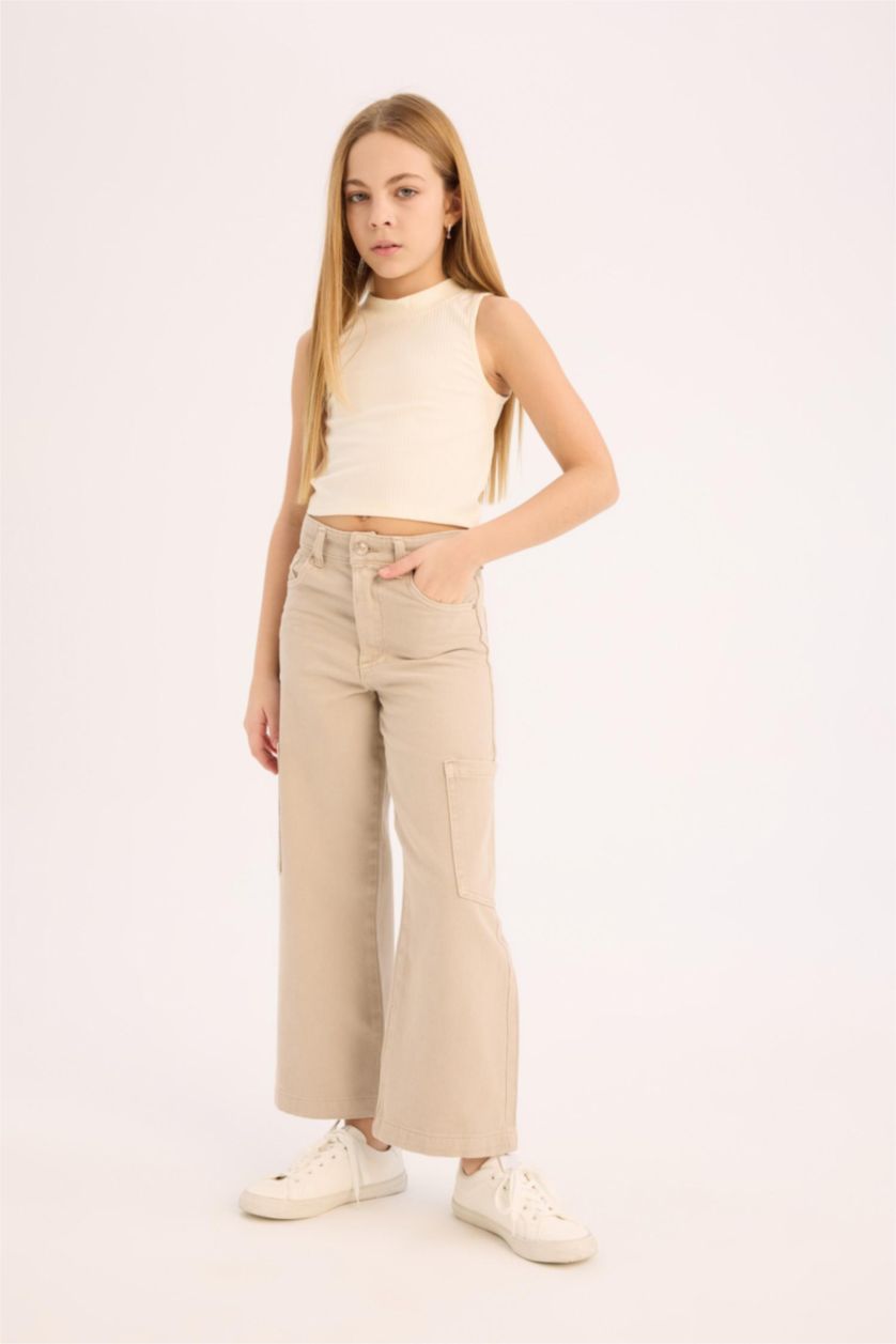 Kız Çocuk - Genç Kız Bej Wide Leg Kargo Geniş Paça Jean Pantolon Kız Çocuk